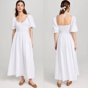 Faithfull the Brand Rosarico Linen Midi Dress, White, Puff Sleeve, Smocked XS